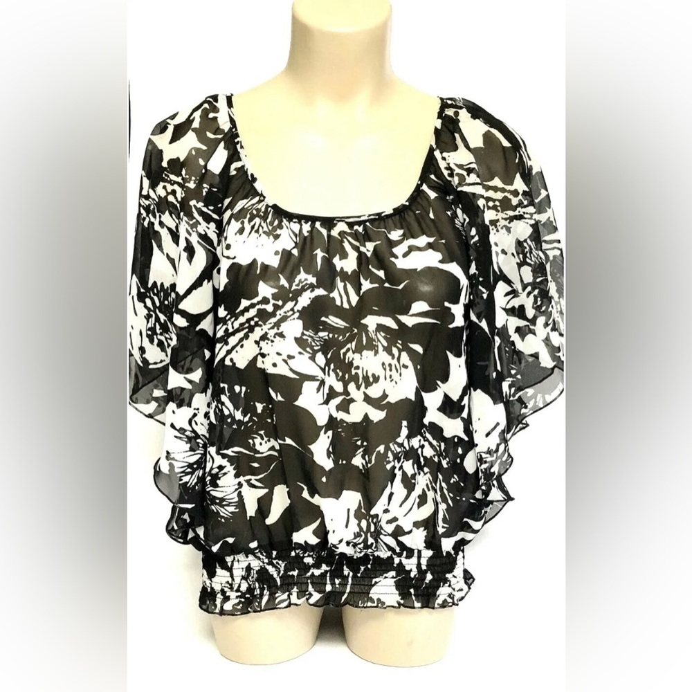New York City Design Co Women Black White Floral Sheer Dolman Sleeve Blouse S